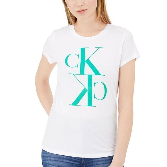 JR209 Calvin Klein Jeans White Junior's Mirror-Logo T-Shirt Size M - Picture 1 of 1